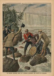 Un homme dans un tonneau traversant les chutes du Niagara, illustration de 